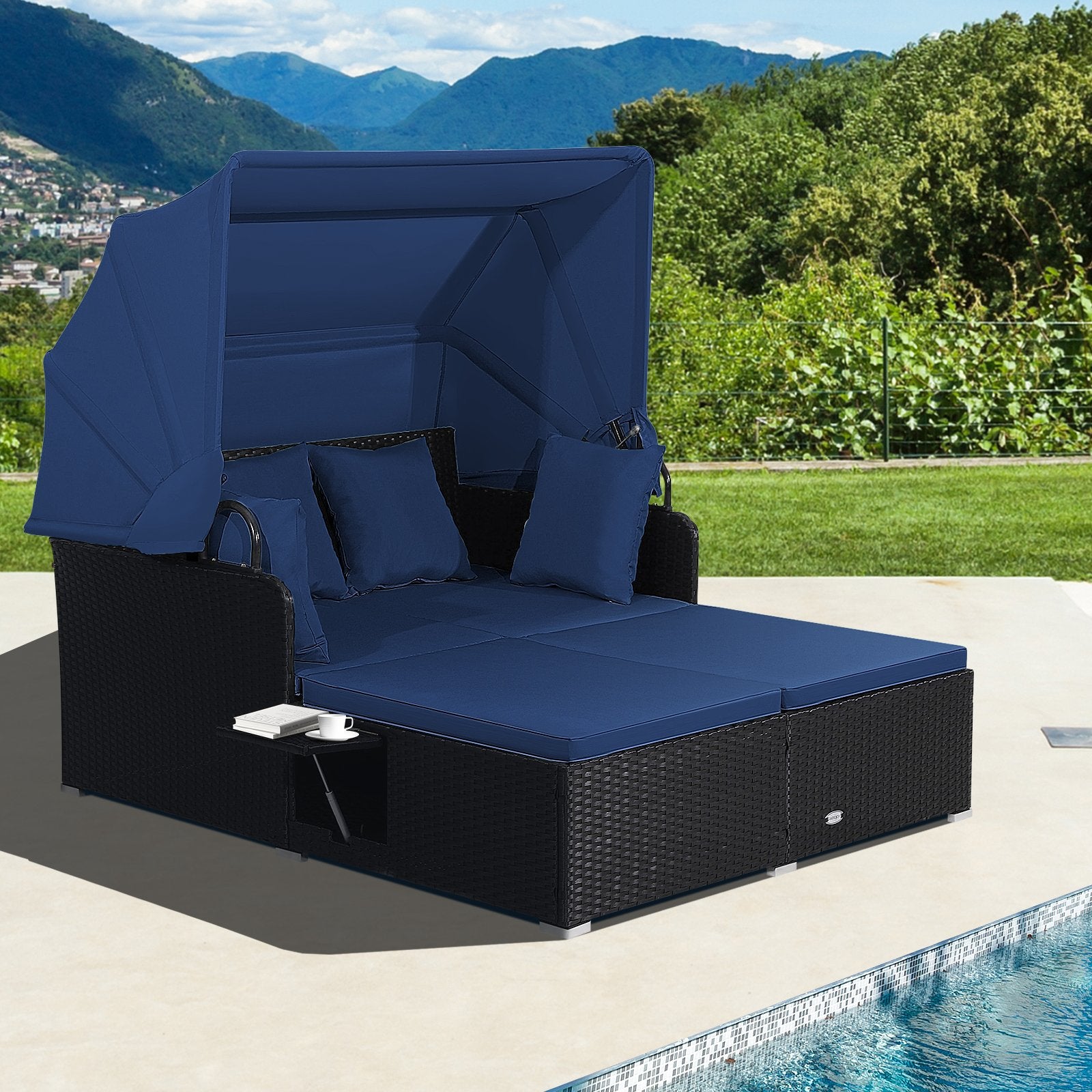 Patio Rattan Daybed with Retractable Canopy and Side Tables, Navy Outdoor Sectionals   at Gallery Canada