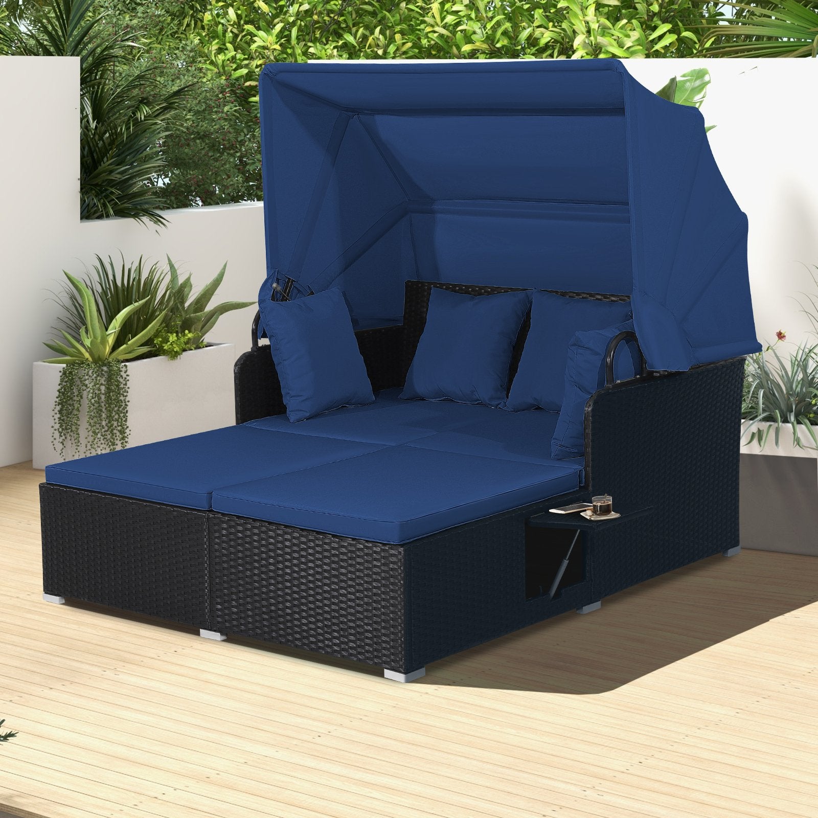 Patio Rattan Daybed with Retractable Canopy and Side Tables, Navy Outdoor Sectionals   at Gallery Canada