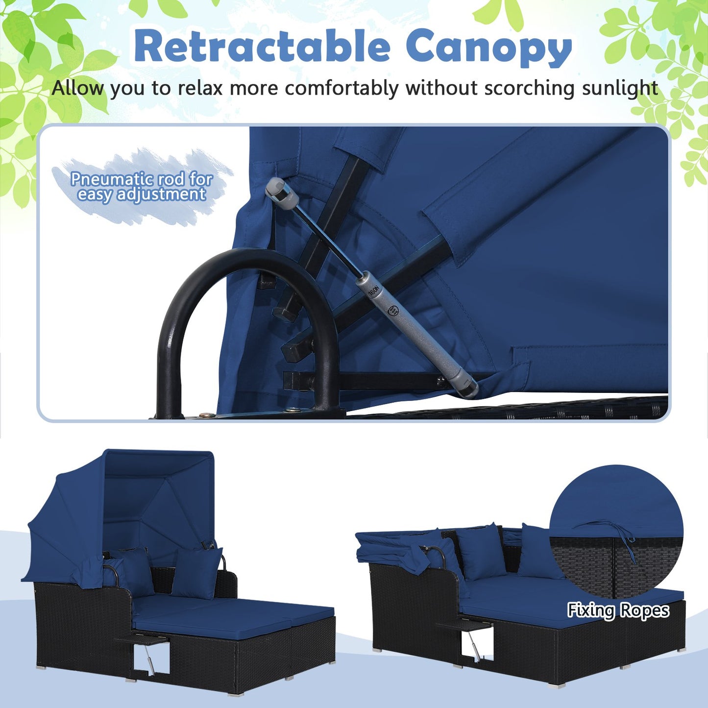 Patio Rattan Daybed with Retractable Canopy and Side Tables, Navy Outdoor Sectionals   at Gallery Canada