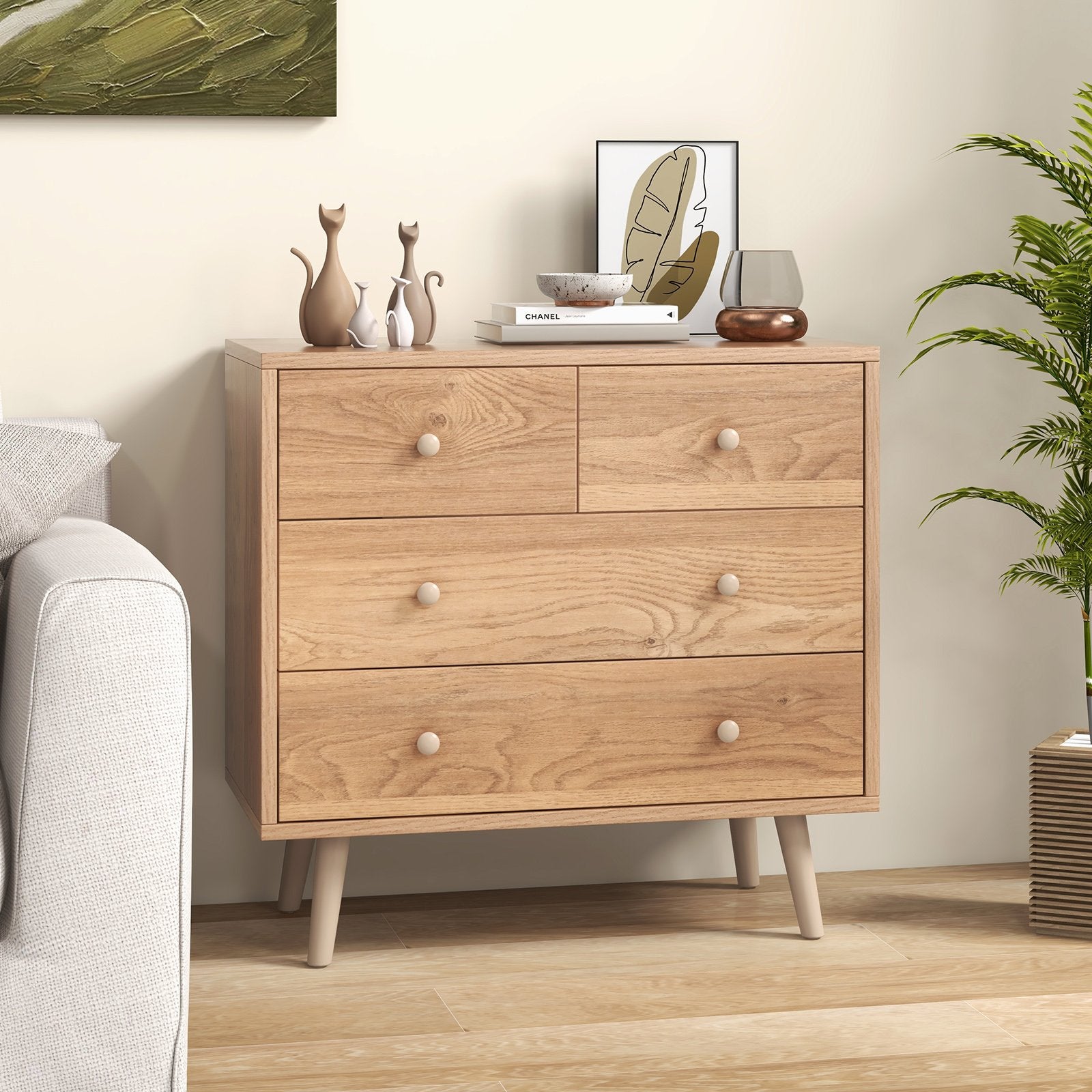 4-Drawer Dresser Cabinet Storage Organizer Rubber Leg with Rail, Natural Cabinets & Chests   at Gallery Canada