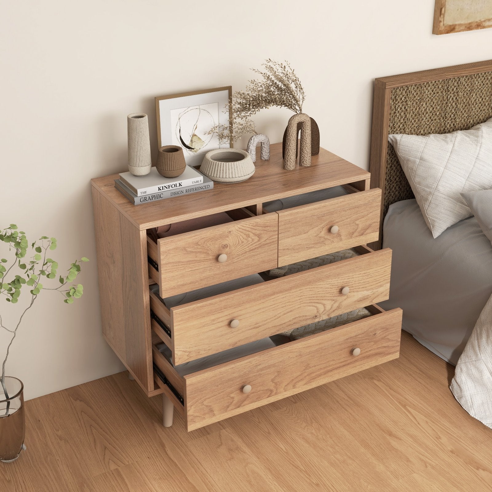 4-Drawer Dresser Cabinet Storage Organizer Rubber Leg with Rail, Natural Cabinets & Chests   at Gallery Canada