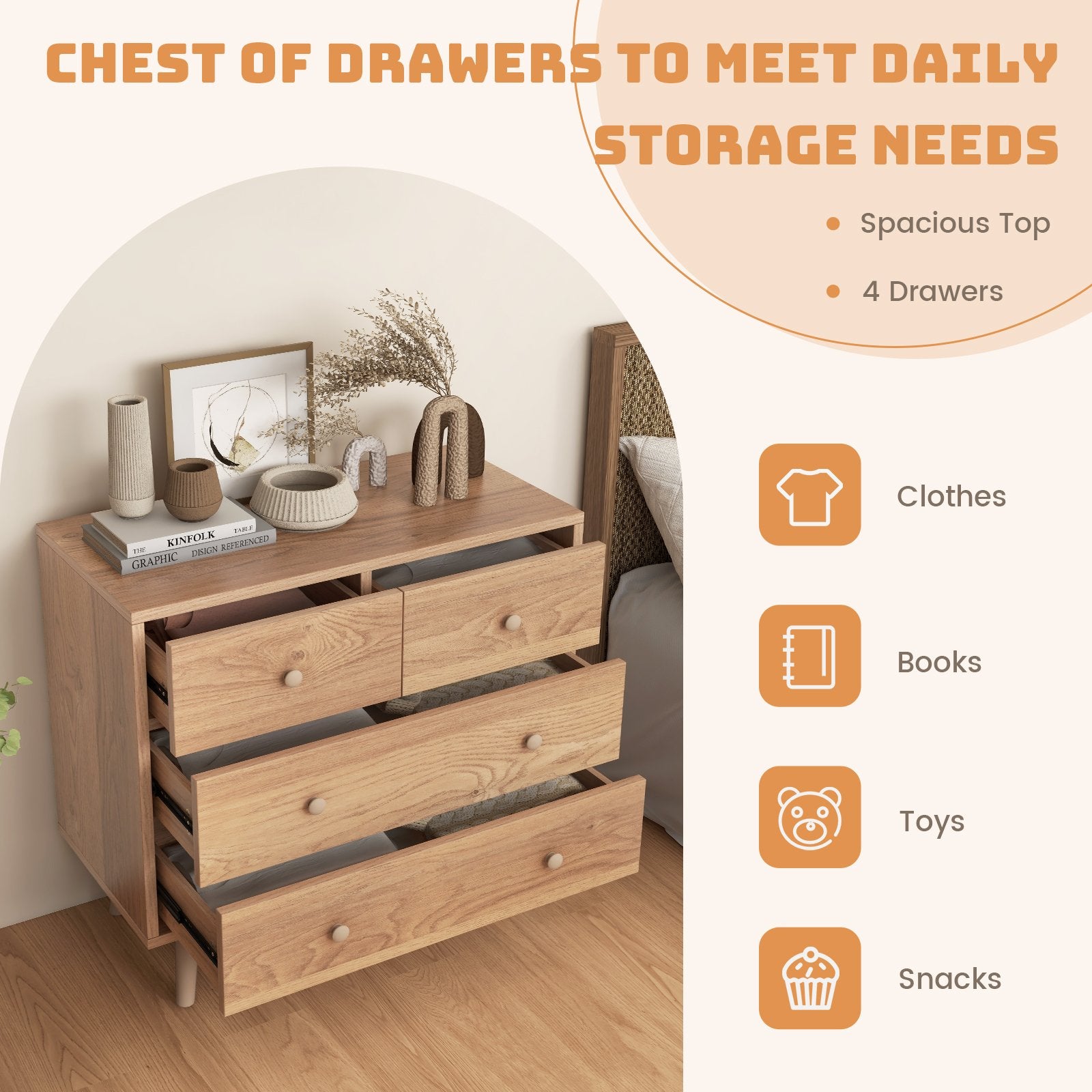 4-Drawer Dresser Cabinet Storage Organizer Rubber Leg with Rail, Natural Cabinets & Chests   at Gallery Canada