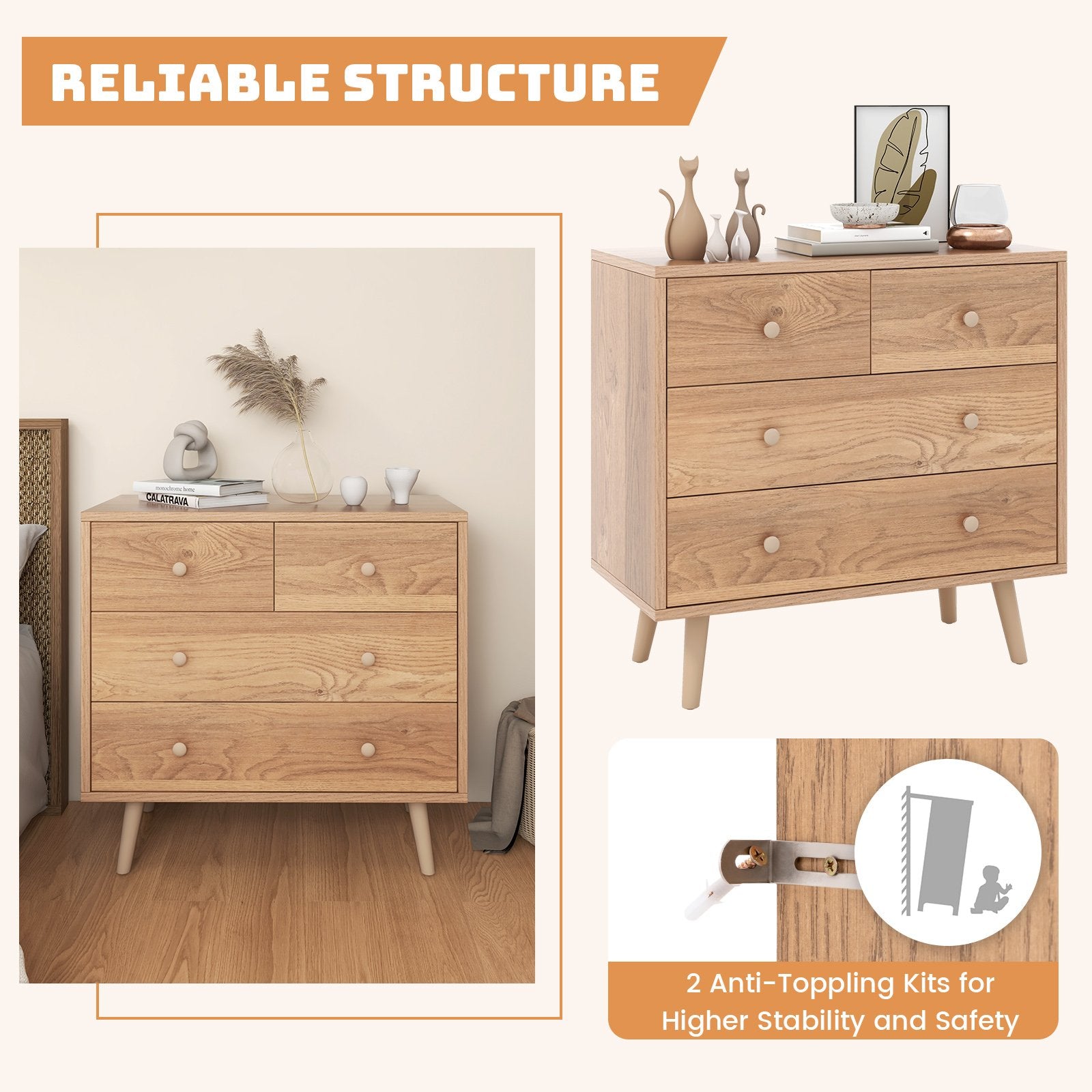 4-Drawer Dresser Cabinet Storage Organizer Rubber Leg with Rail, Natural Cabinets & Chests   at Gallery Canada