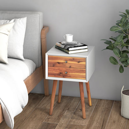 Wooden Nightstand Mid-Century End Side Table with 2 Storage Drawers, Brown - Gallery Canada