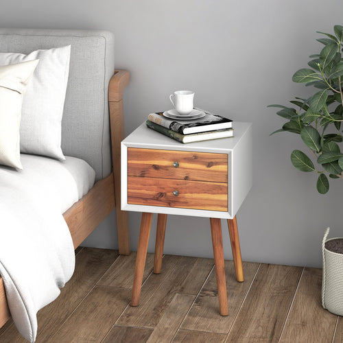 Wooden Nightstand Mid-Century End Side Table with 2 Storage Drawers, Brown