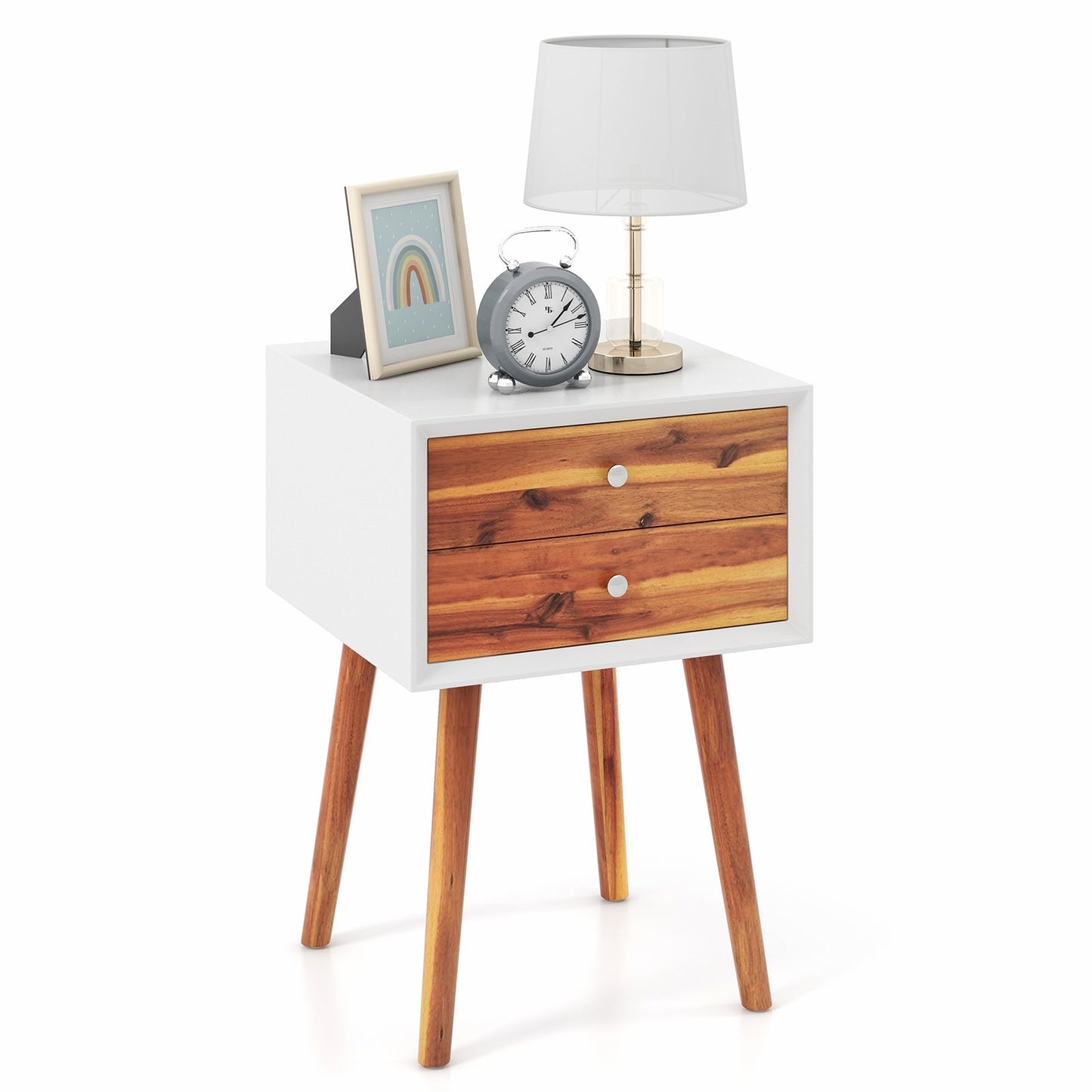 Wooden Nightstand Mid-Century End Side Table with 2 Storage Drawers, Brown - Gallery Canada