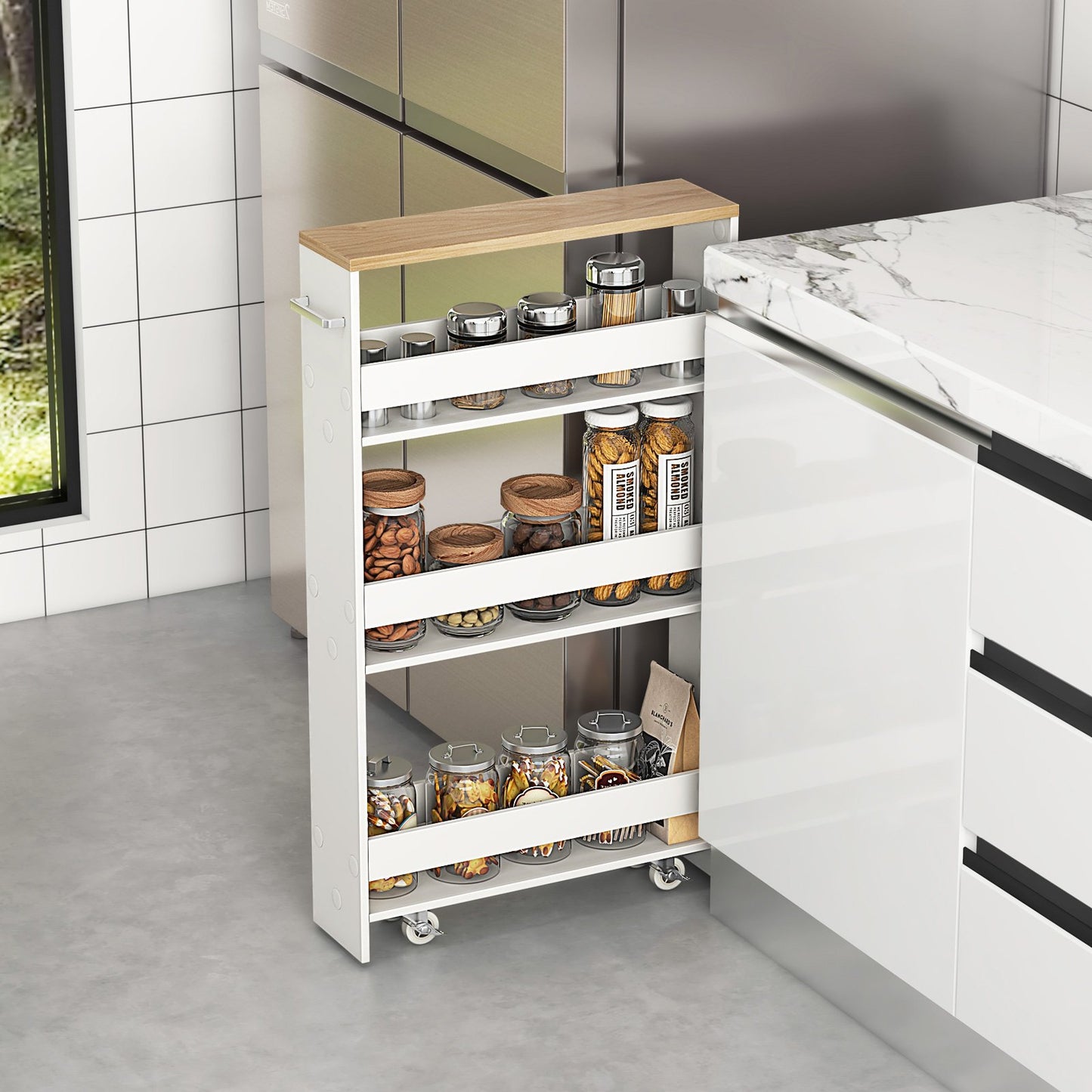 Rolling Kitchen Slim Storage Cart Mobile Shelving Organizer with Handle, White Kitchen Islands & Carts   at Gallery Canada