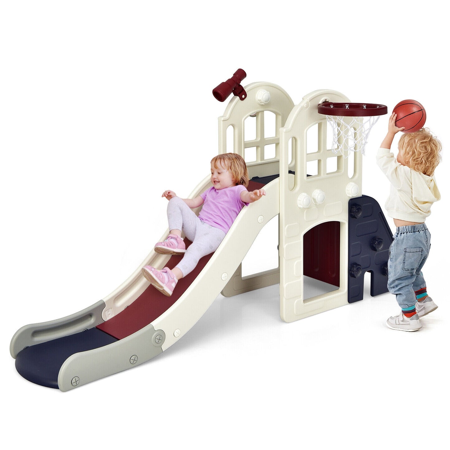 6-In-1 Large Slide for Kids Toddler Climber Slide Playset with Basketball Hoop, Blue Climbers & Slides   at Gallery Canada