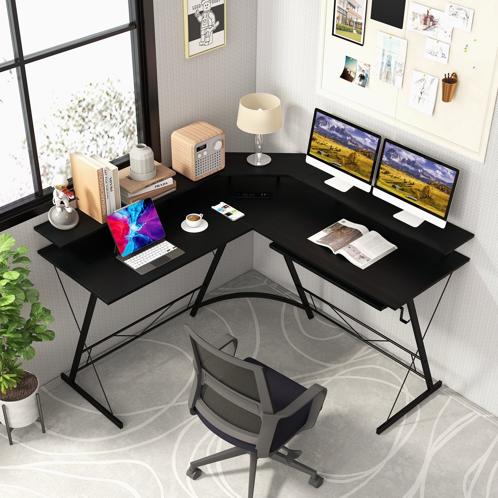 L-shaped Computer Desk with Power Outlet and Monitor Stand, Black L-Shaped Desks   at Gallery Canada