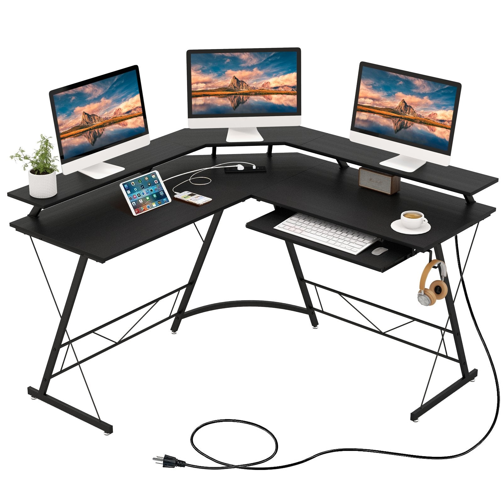 L-shaped Computer Desk with Power Outlet and Monitor Stand, Black L-Shaped Desks   at Gallery Canada