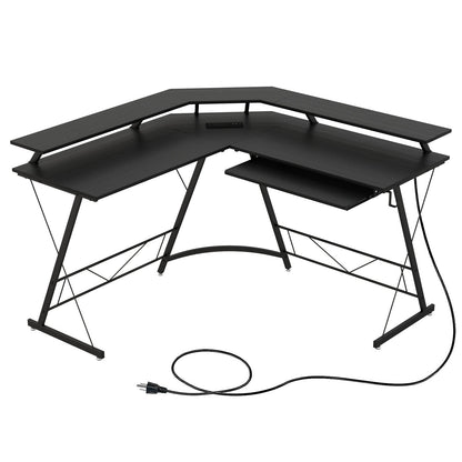 L-shaped Computer Desk with Power Outlet and Monitor Stand, Black - Gallery Canada