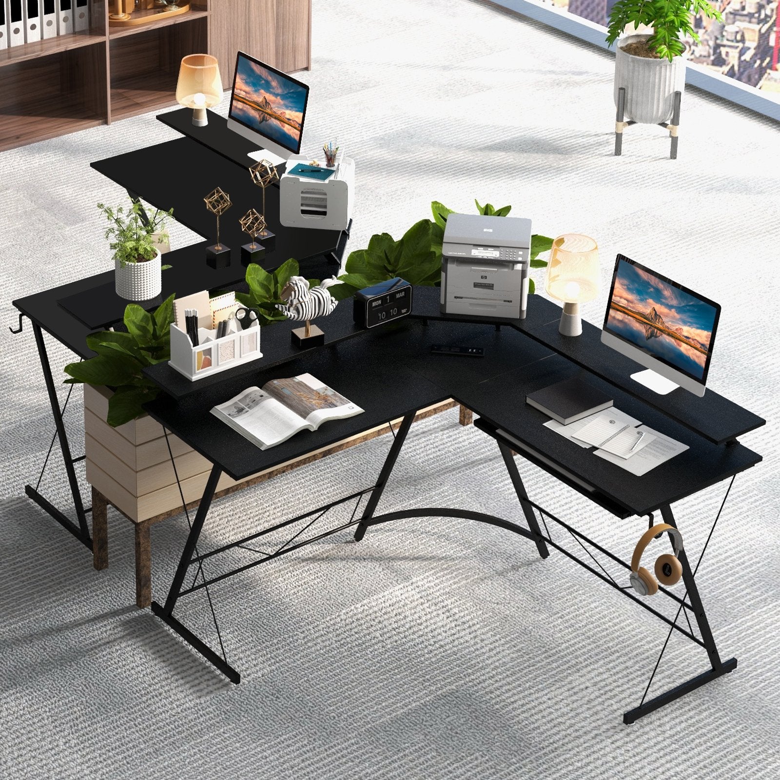 L-shaped Computer Desk with Power Outlet and Monitor Stand, Black L-Shaped Desks   at Gallery Canada