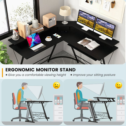 L-shaped Computer Desk with Power Outlet and Monitor Stand, Black - Gallery Canada