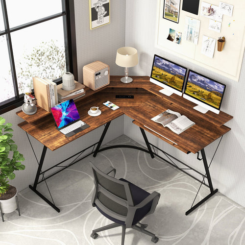 L-shaped Computer Desk with Power Outlet and Monitor Stand, Rustic Brown
