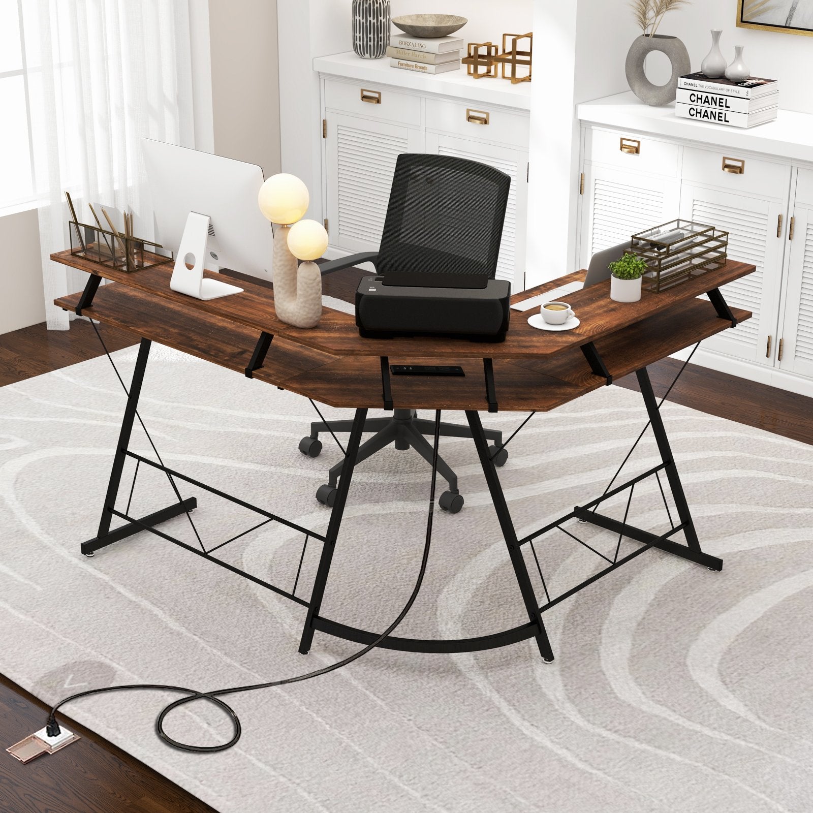 L-shaped Computer Desk with Power Outlet and Monitor Stand, Rustic Brown L-Shaped Desks   at Gallery Canada