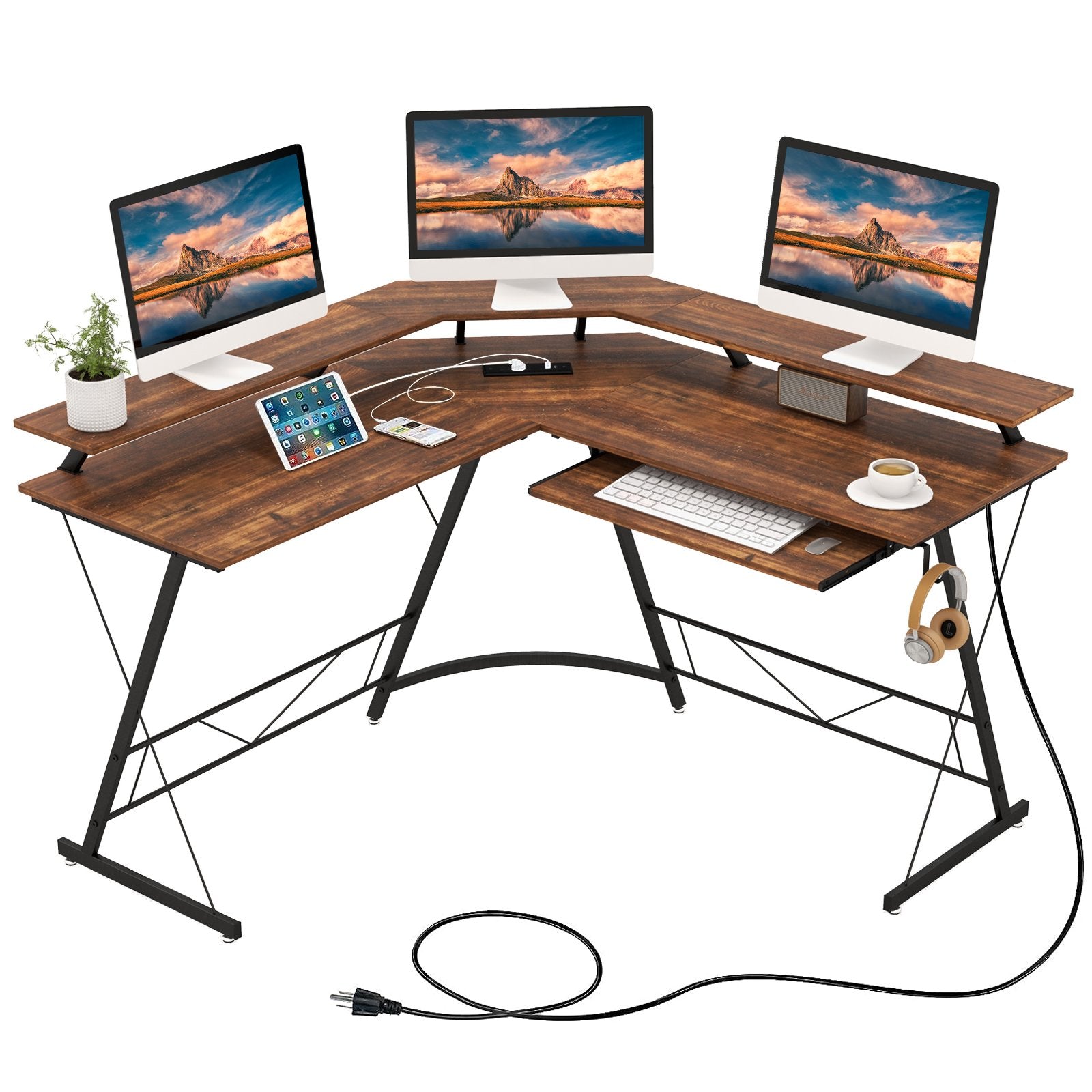 L-shaped Computer Desk with Power Outlet and Monitor Stand, Rustic Brown L-Shaped Desks   at Gallery Canada