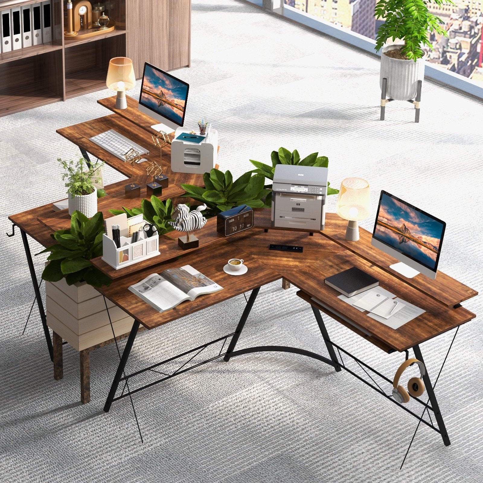 L-shaped Computer Desk with Power Outlet and Monitor Stand, Rustic Brown L-Shaped Desks   at Gallery Canada