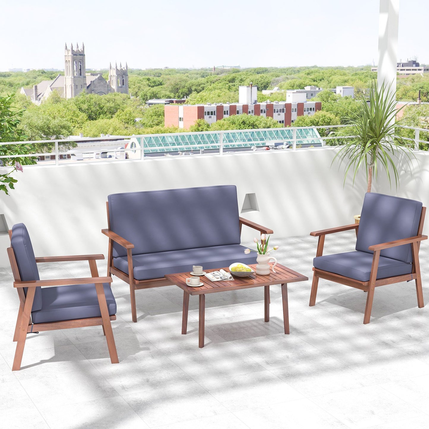 4 Piece Outdoor Acacia Wood Conversation Set with Soft Seat and Back Cushions, Gray Patio Conversation Sets   at Gallery Canada