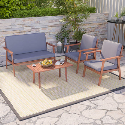 4 Piece Outdoor Acacia Wood Conversation Set with Soft Seat and Back Cushions, Gray Patio Conversation Sets   at Gallery Canada