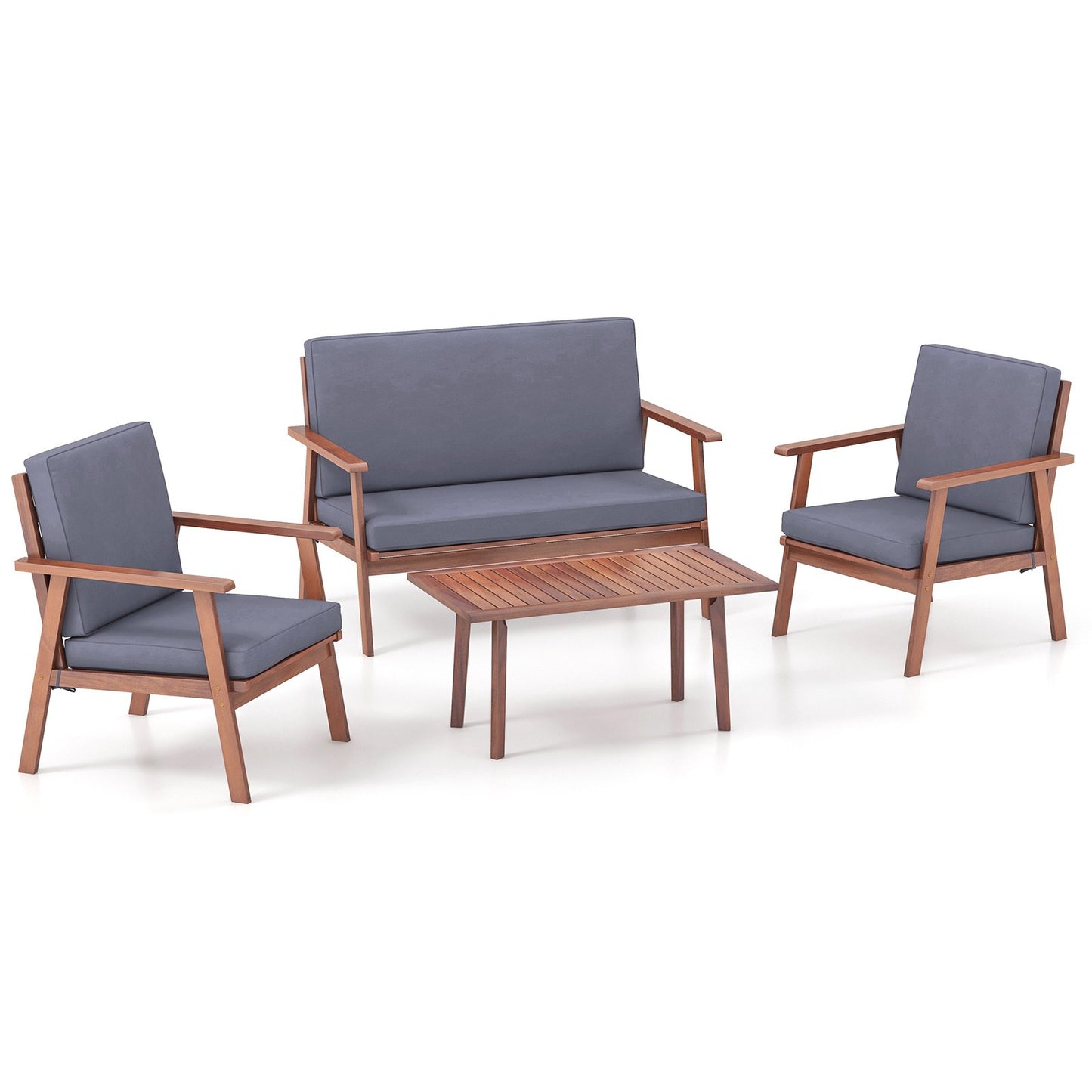 4 Piece Outdoor Acacia Wood Conversation Set with Soft Seat and Back Cushions, Gray Patio Conversation Sets   at Gallery Canada