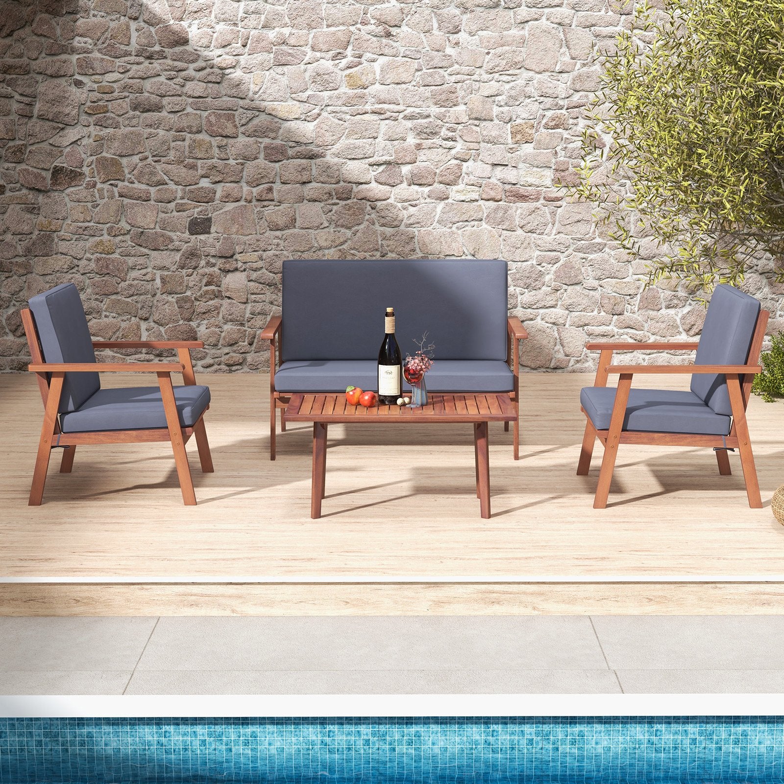 4 Piece Outdoor Acacia Wood Conversation Set with Soft Seat and Back Cushions, Gray Patio Conversation Sets   at Gallery Canada