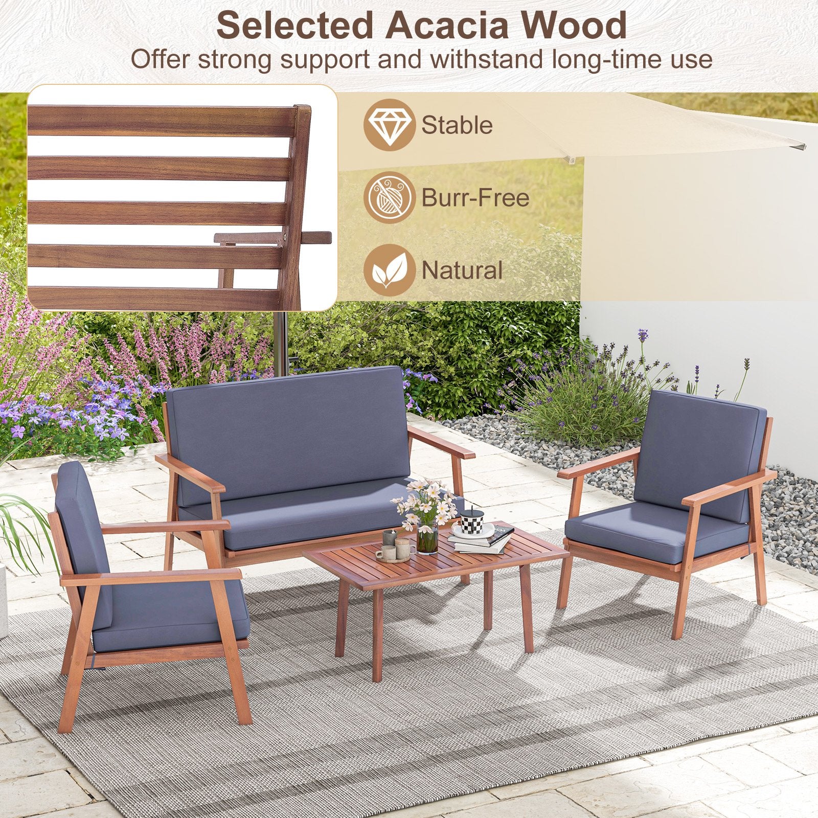 4 Piece Outdoor Acacia Wood Conversation Set with Soft Seat and Back Cushions, Gray Patio Conversation Sets   at Gallery Canada