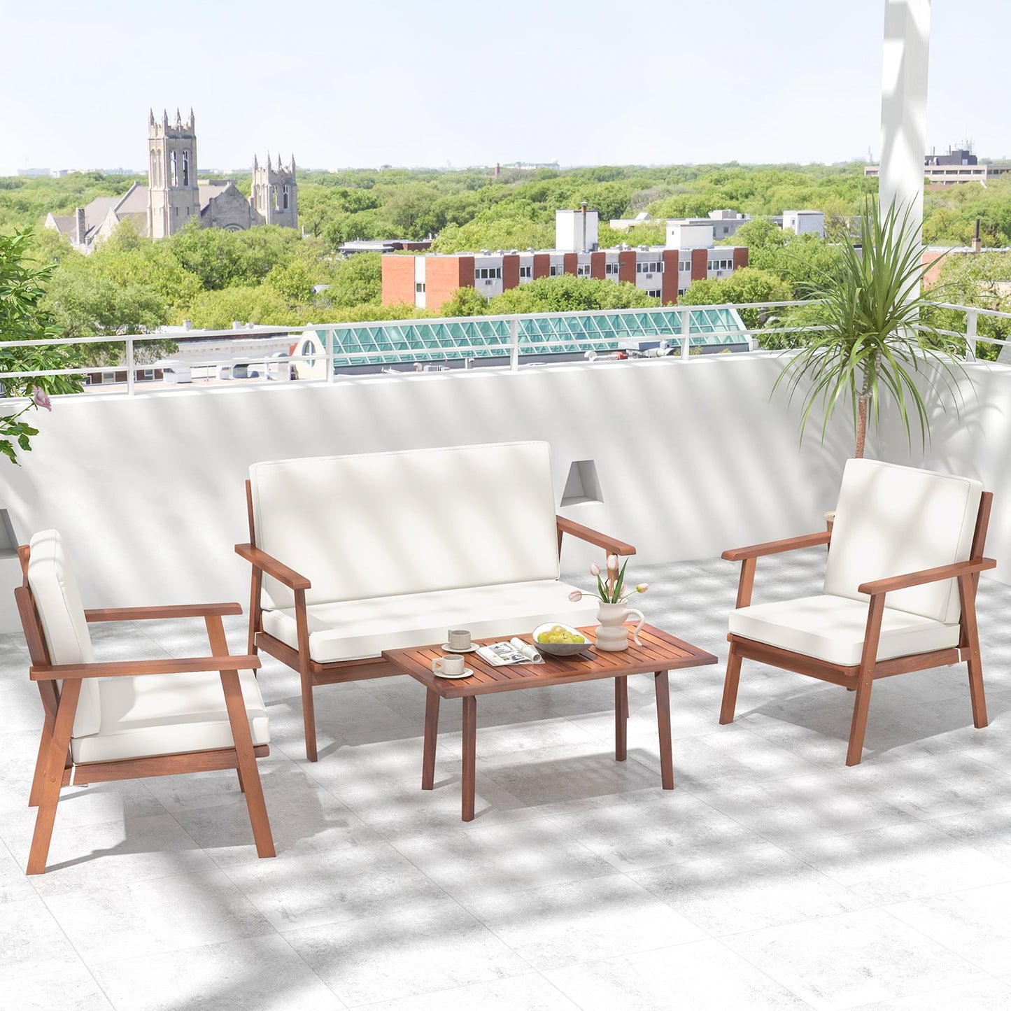 4 Piece Outdoor Acacia Wood Conversation Set with Soft Seat and Back Cushions, White Patio Conversation Sets   at Gallery Canada