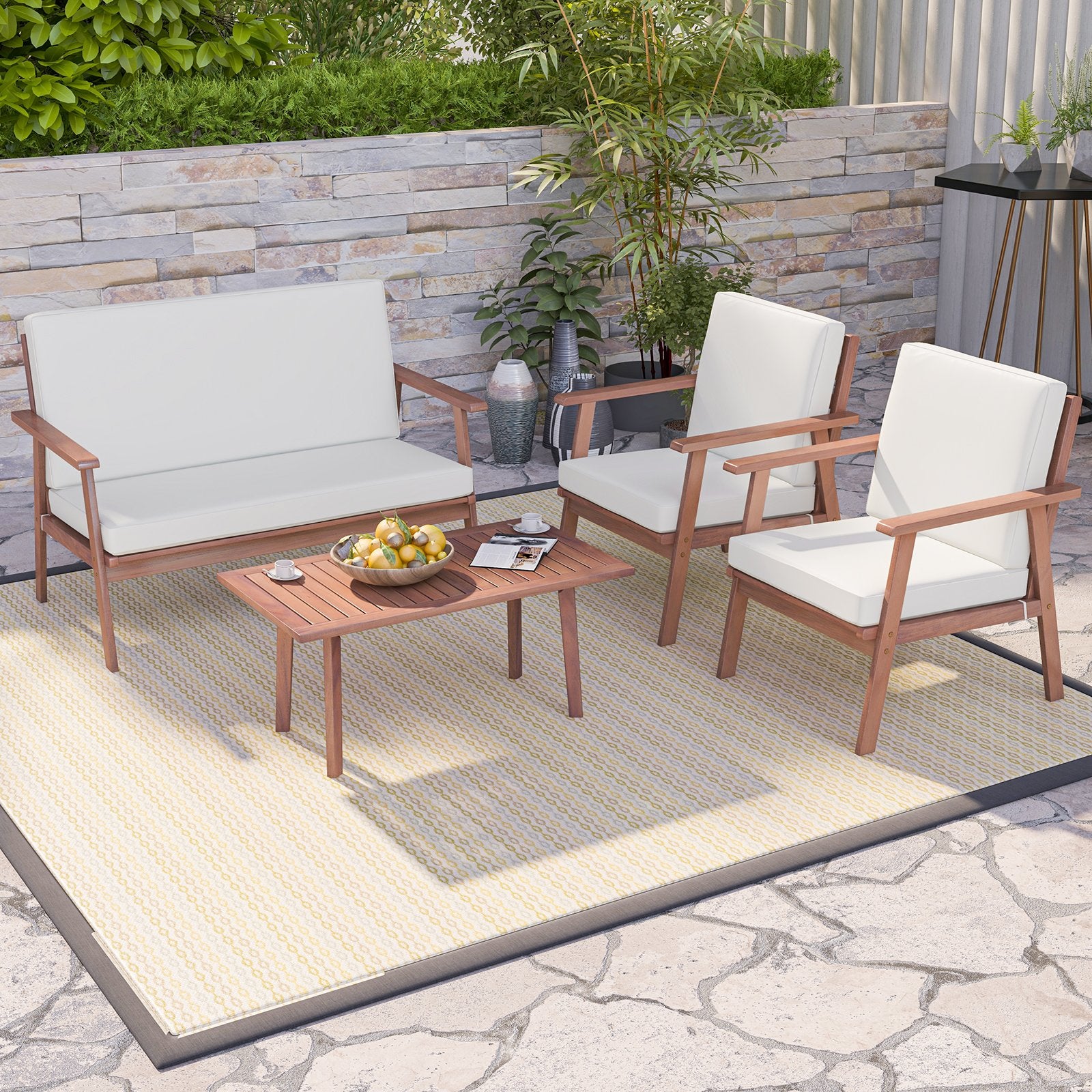 4 Piece Outdoor Acacia Wood Conversation Set with Soft Seat and Back Cushions, White Patio Conversation Sets   at Gallery Canada