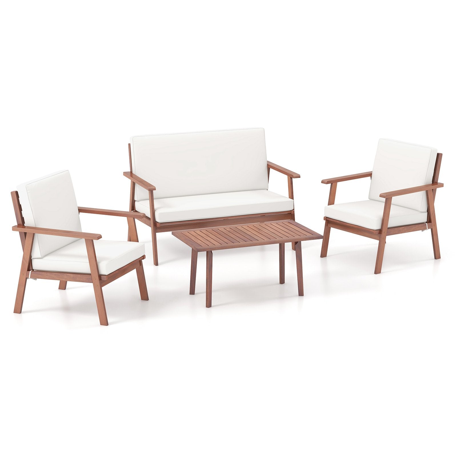 4 Piece Outdoor Acacia Wood Conversation Set with Soft Seat and Back Cushions, White Patio Conversation Sets   at Gallery Canada