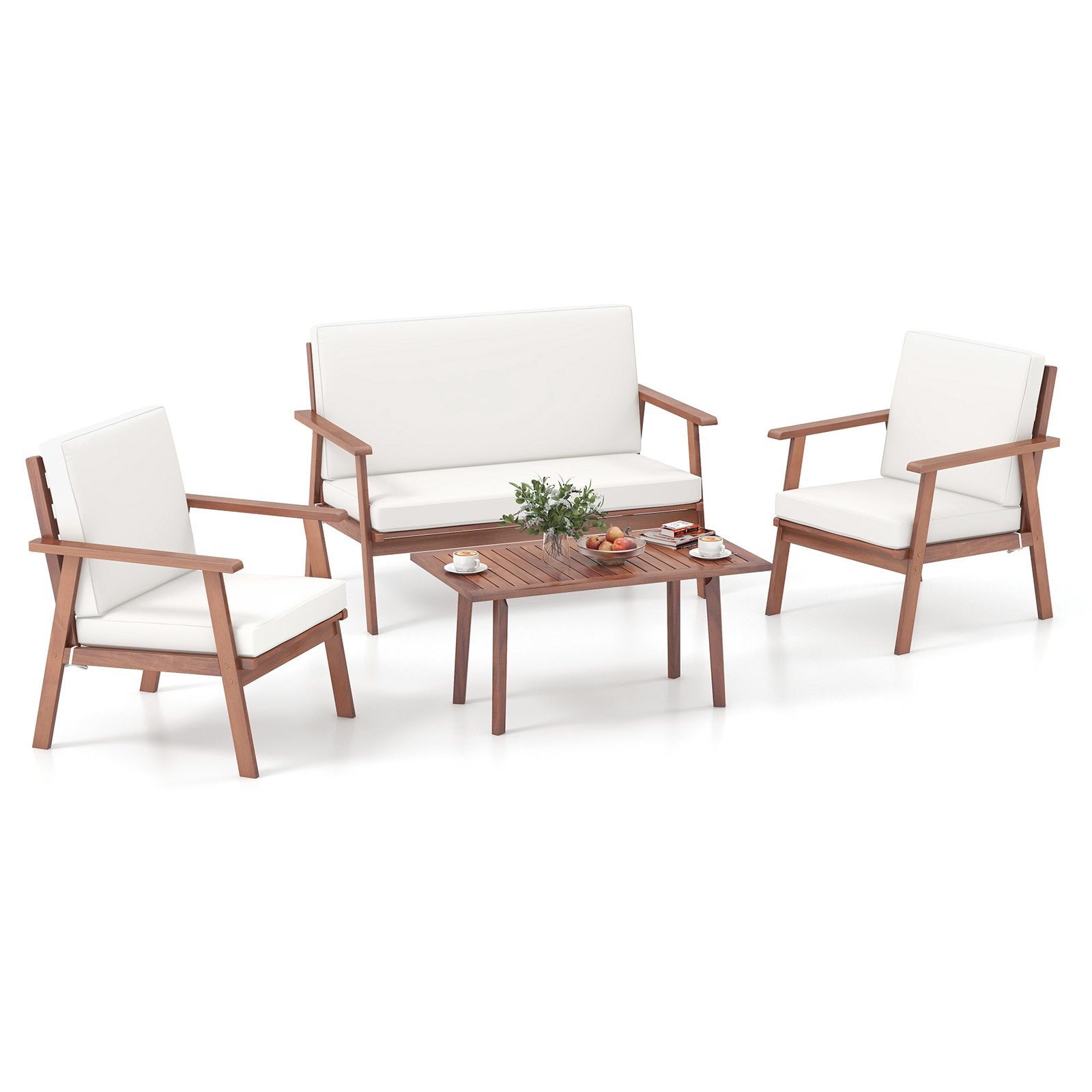 4 Piece Outdoor Acacia Wood Conversation Set with Soft Seat and Back Cushions, White Patio Conversation Sets   at Gallery Canada