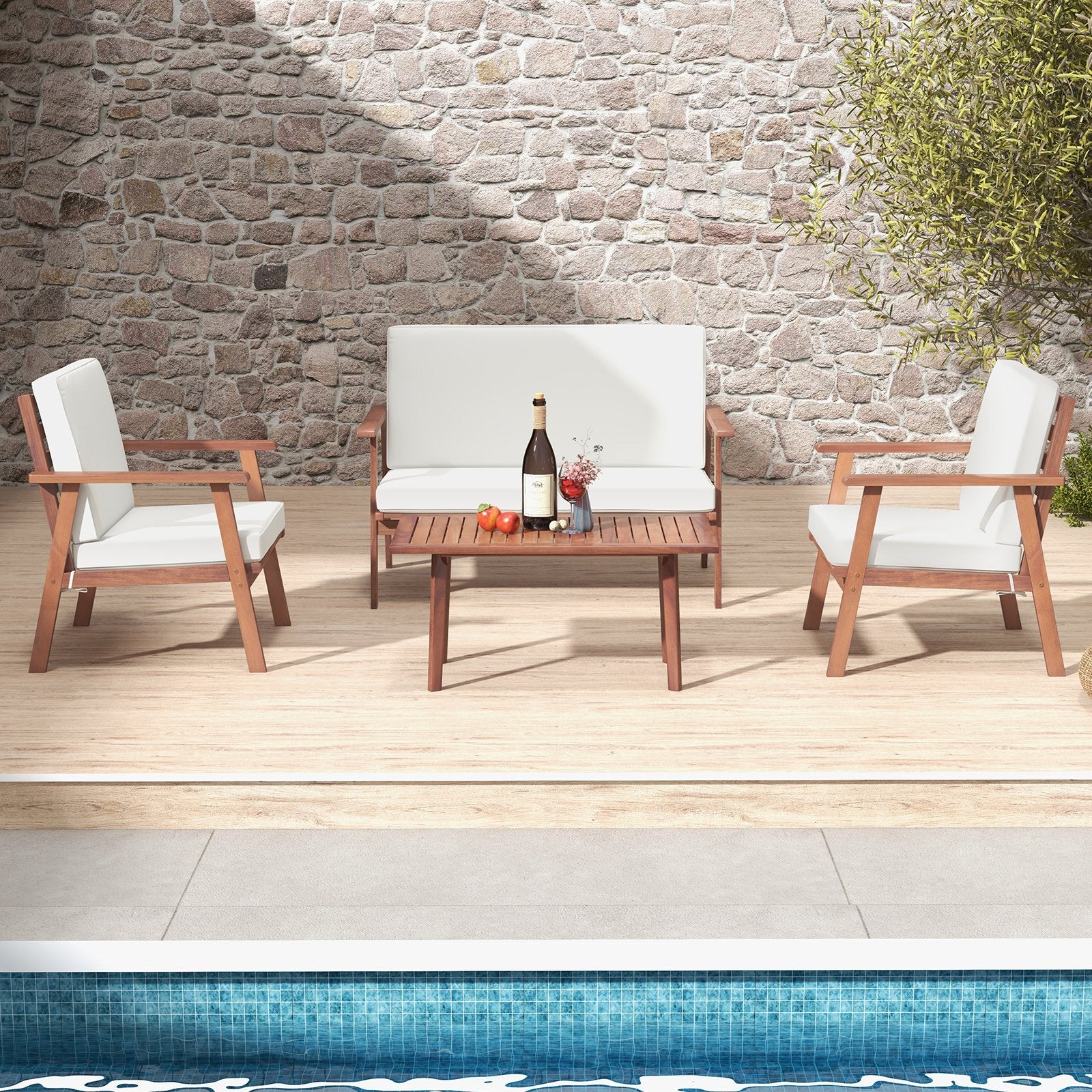 4 Piece Outdoor Acacia Wood Conversation Set with Soft Seat and Back Cushions, White Patio Conversation Sets   at Gallery Canada