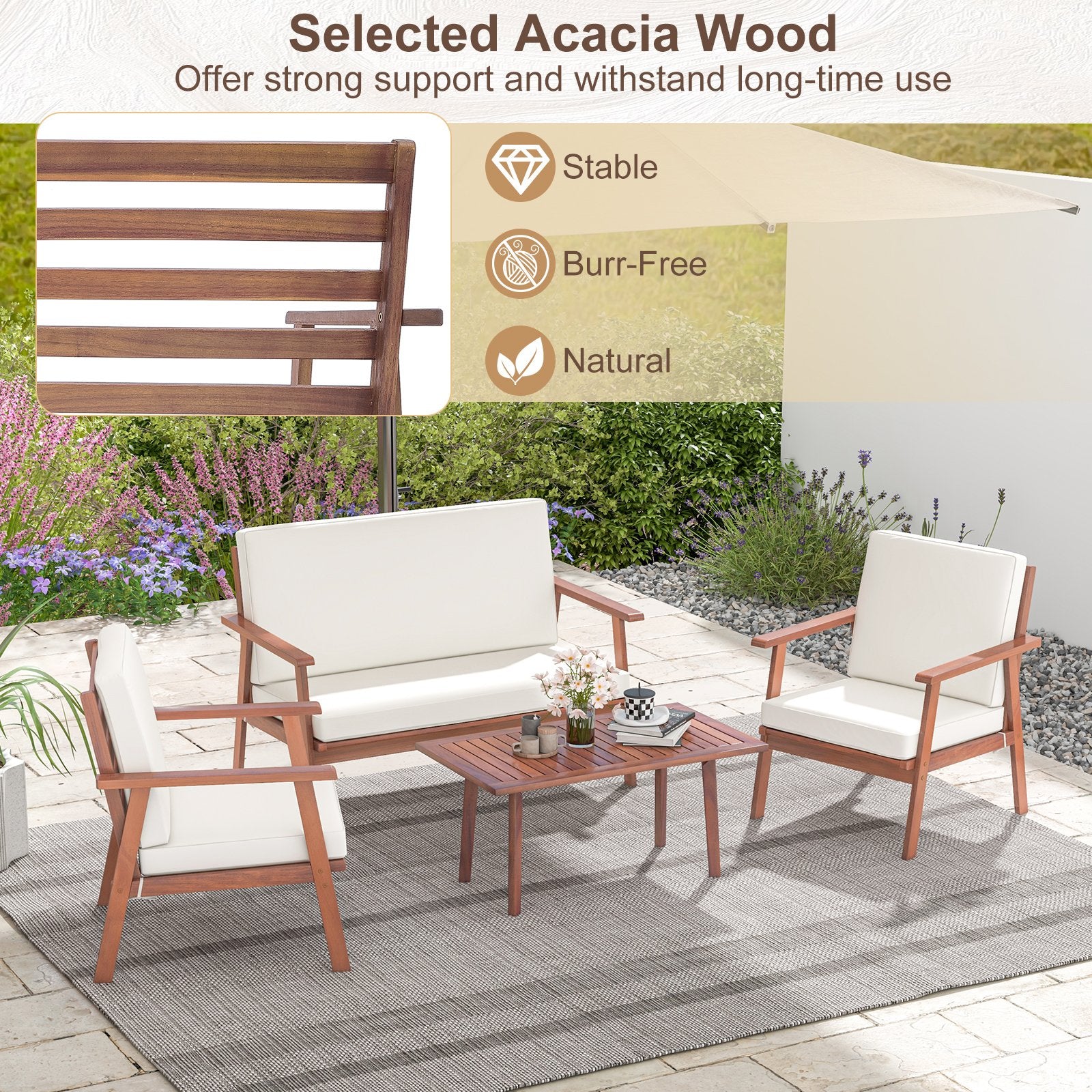 4 Piece Outdoor Acacia Wood Conversation Set with Soft Seat and Back Cushions, White Patio Conversation Sets   at Gallery Canada