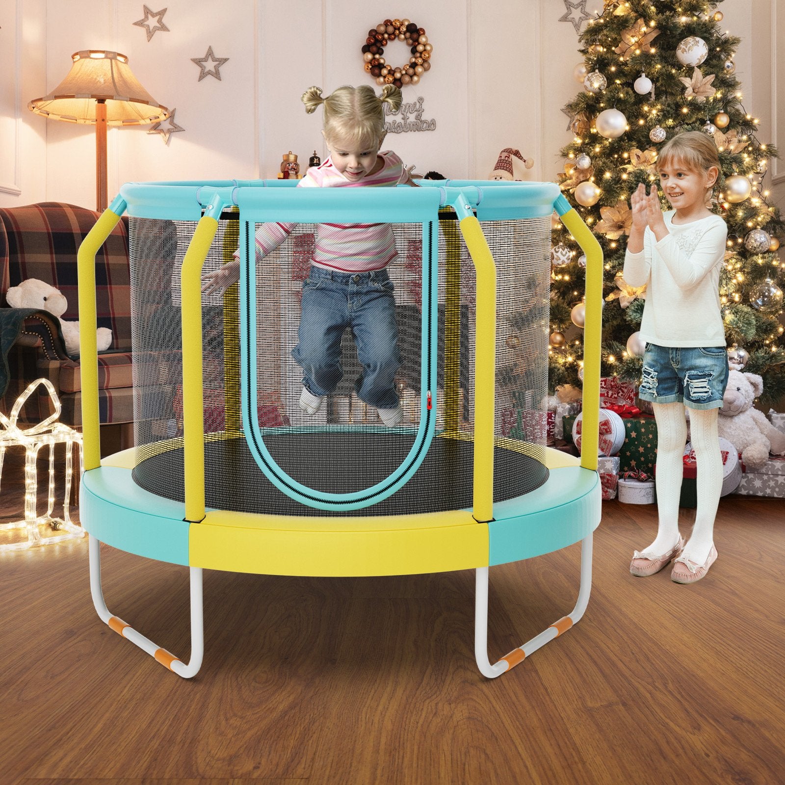 Mini Trampoline with Enclosure and Heavy-duty Metal Frame, Yellow Trampolines   at Gallery Canada