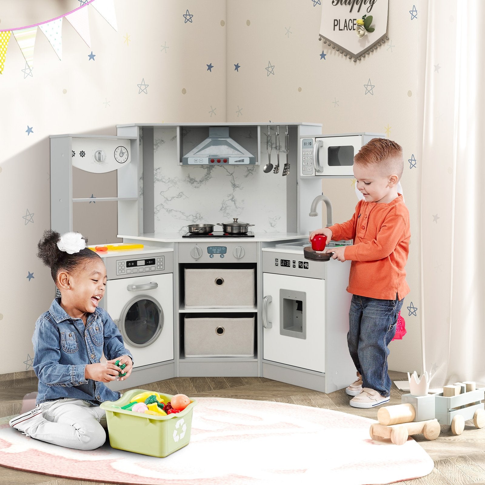 Wooden Kids Play Kitchen Playset with Realistic Lights and Sounds, Gray Play Kitchen Sets   at Gallery Canada