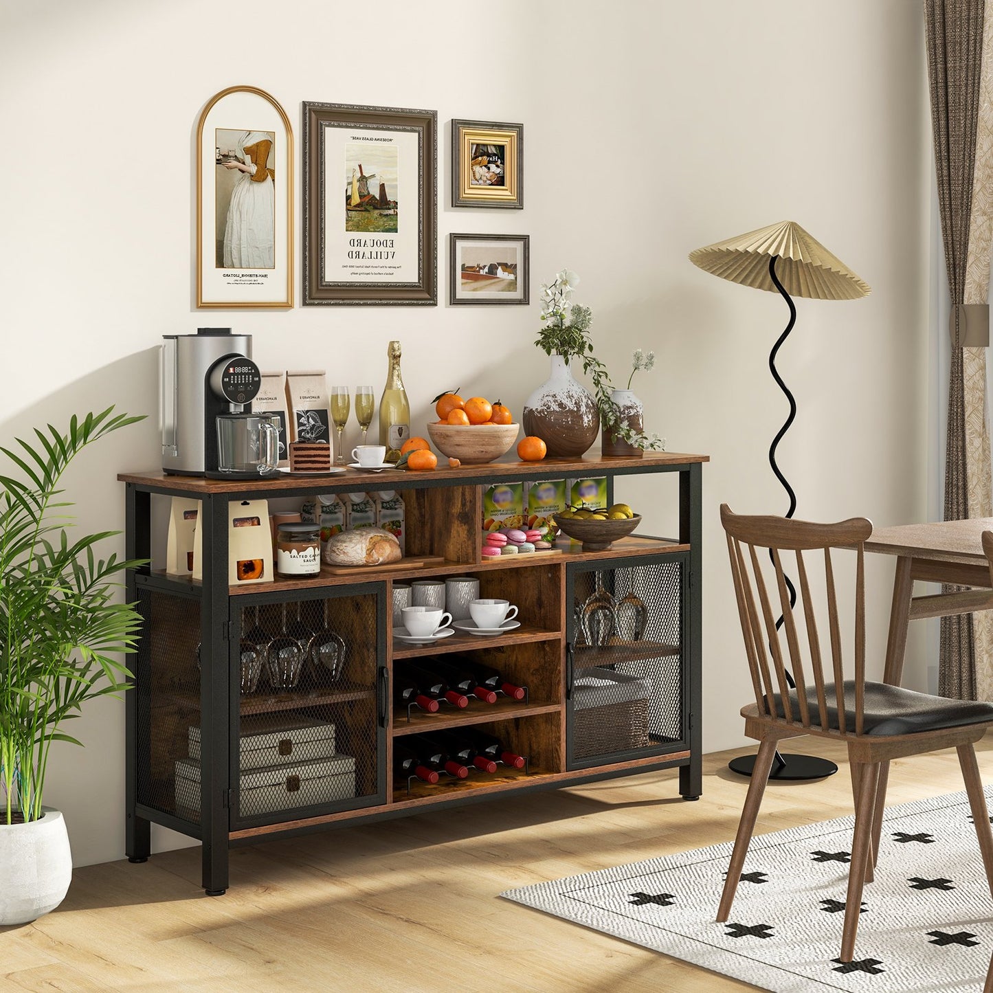 55-Inch Buffet Sideboard with 8-Bottle Wine Racks and Wine Glass Holders, Rustic Brown Sideboards Cabinets & Buffets   at Gallery Canada