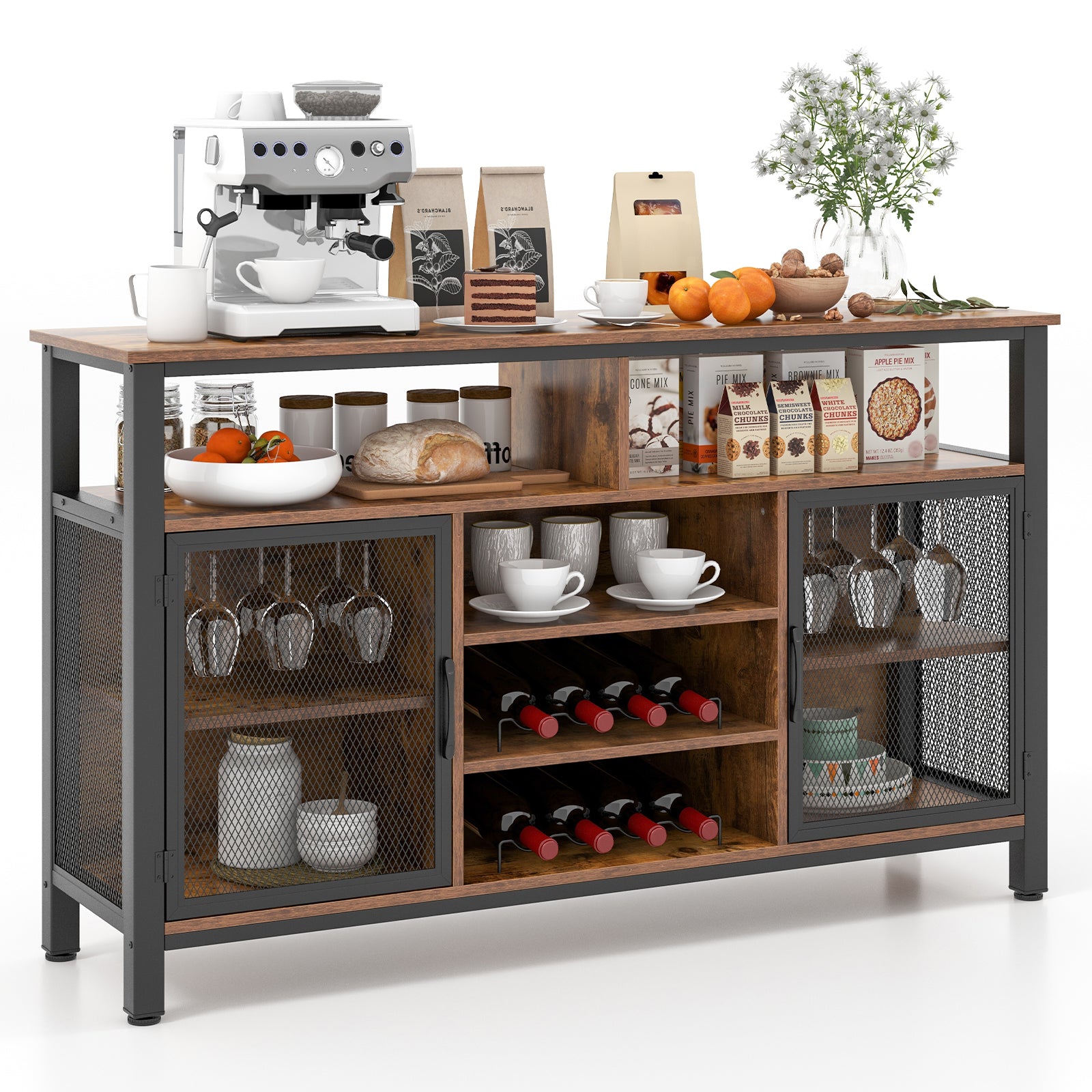 55-Inch Buffet Sideboard with 8-Bottle Wine Racks and Wine Glass Holders, Rustic Brown Sideboards Cabinets & Buffets Rustic Brown at Gallery Canada
