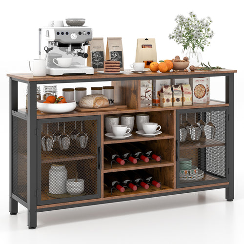 55-Inch Buffet Sideboard with 8-Bottle Wine Racks and Wine Glass Holders, Rustic Brown