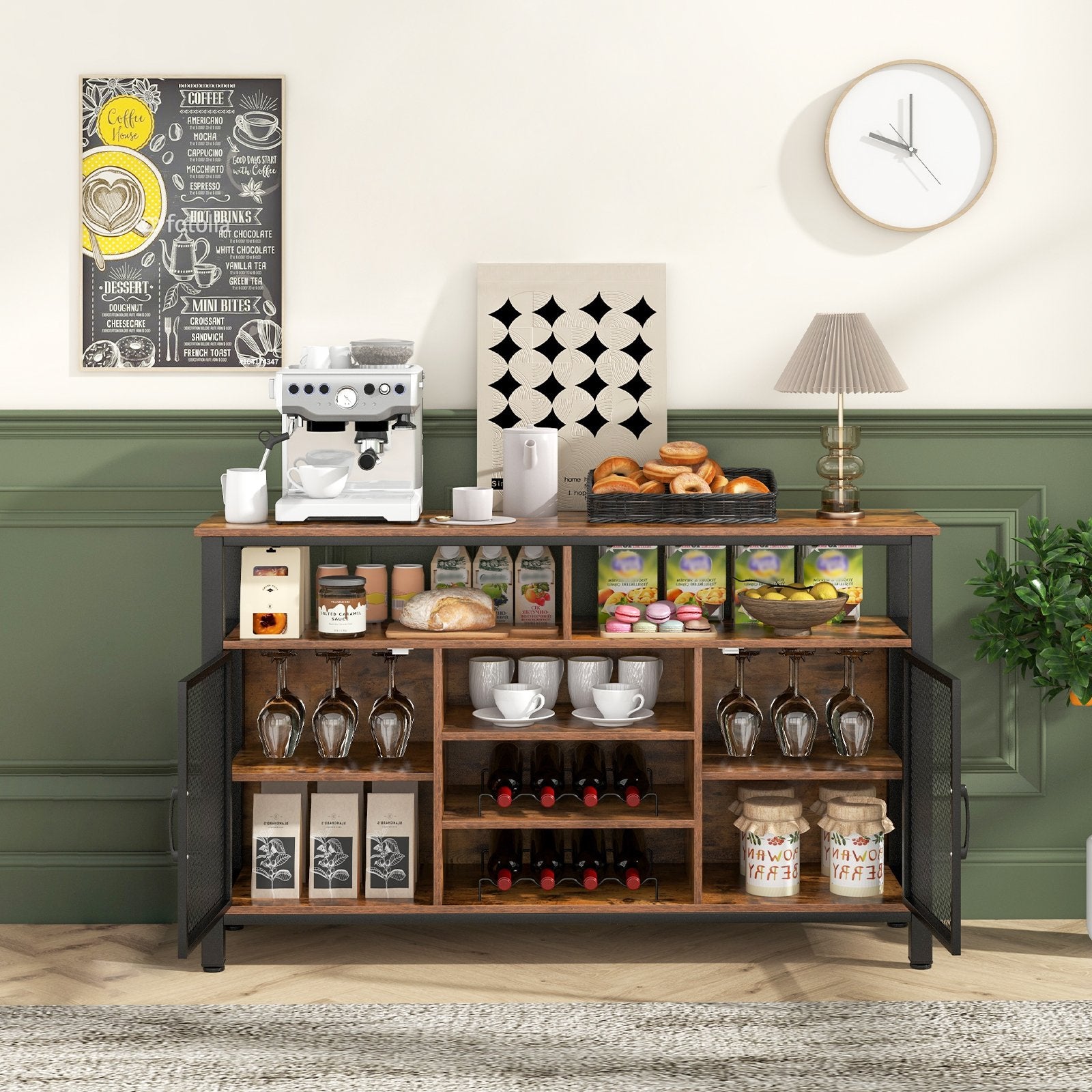 55-Inch Buffet Sideboard with 8-Bottle Wine Racks and Wine Glass Holders, Rustic Brown Sideboards Cabinets & Buffets   at Gallery Canada