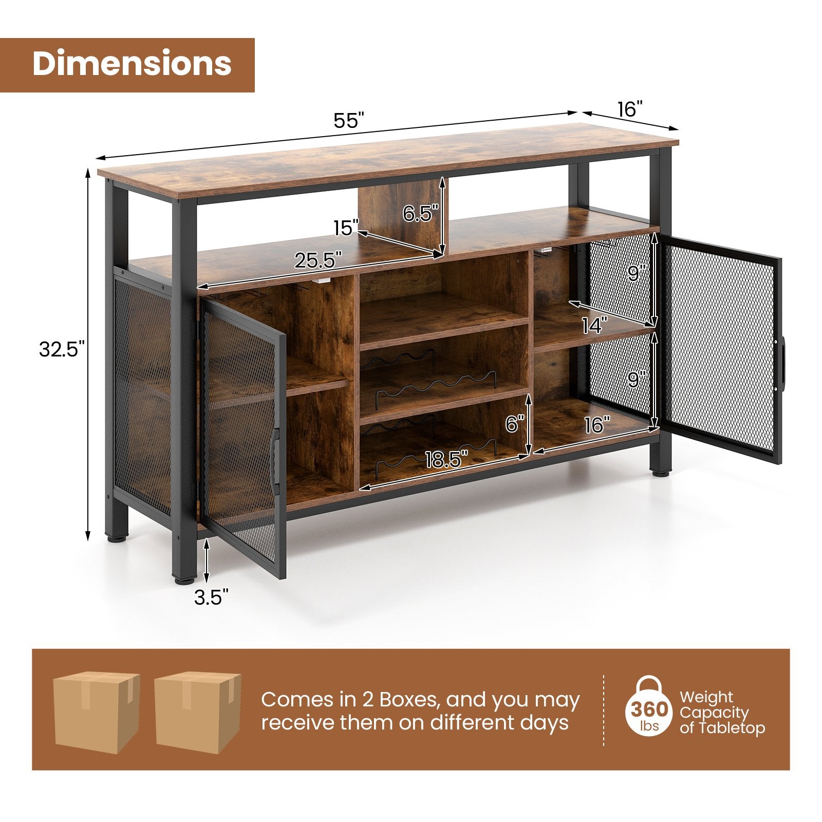 55-Inch Buffet Sideboard with 8-Bottle Wine Racks and Wine Glass Holders, Rustic Brown Sideboards Cabinets & Buffets   at Gallery Canada