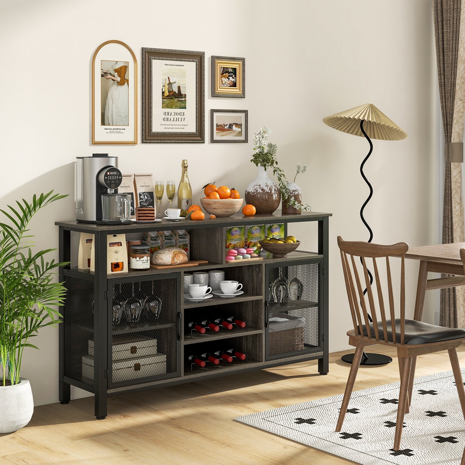 55-Inch Buffet Sideboard with 8-Bottle Wine Racks and Wine Glass Holders, Gray Sideboards Cabinets & Buffets   at Gallery Canada