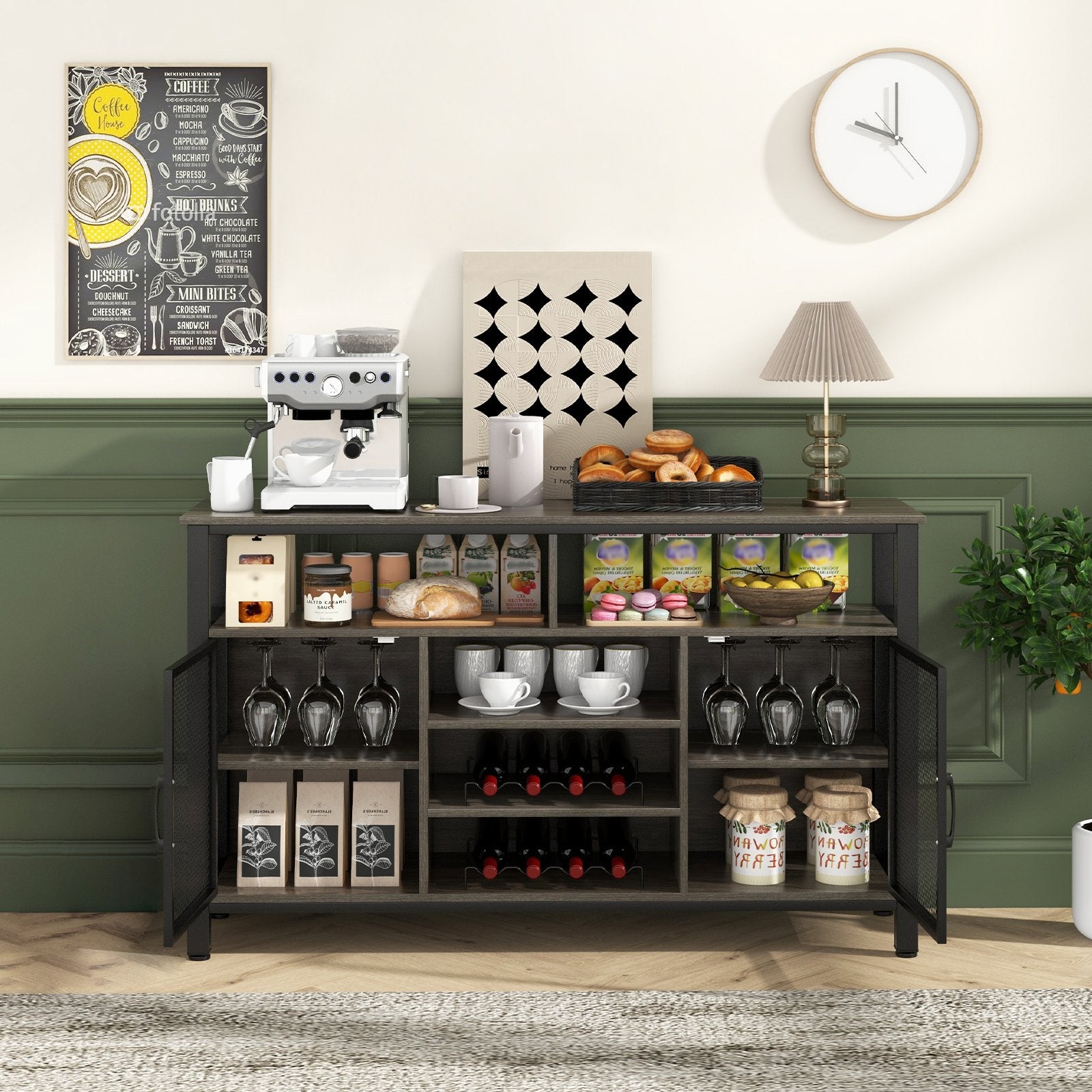 55-Inch Buffet Sideboard with 8-Bottle Wine Racks and Wine Glass Holders, Gray Sideboards Cabinets & Buffets   at Gallery Canada