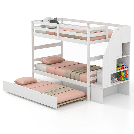 Home Wood Bunk Bed with Guard Rail and 4-step Storage Stairs No Box Spring Needed, White - Gallery Canada