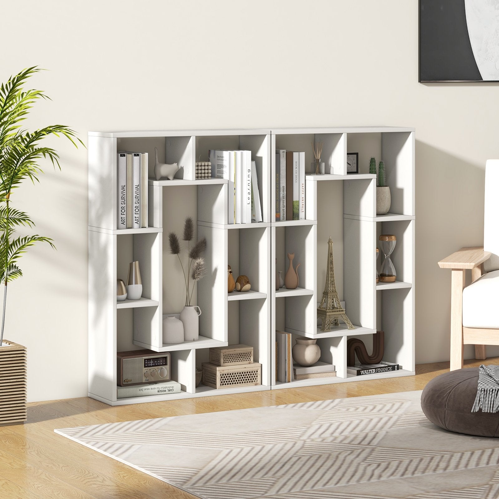 7-Cube Geometric Bookshelf Modern Decorative Open Bookcase, White Bookcases   at Gallery Canada