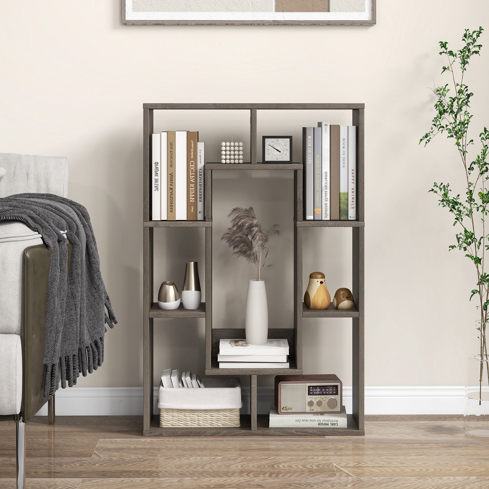 7-Cube Geometric Bookshelf Modern Decorative Open Bookcase, Gray Bookcases   at Gallery Canada