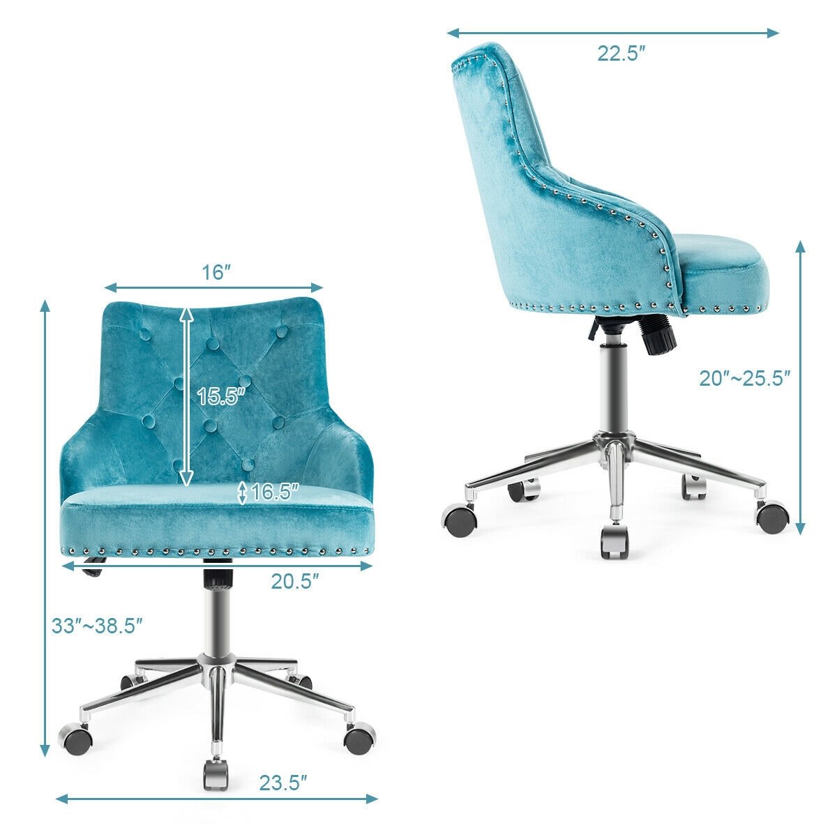 Tufted Upholstered Swivel Computer Desk Chair with Nailed Tri, Turquoise Leisure Chairs   at Gallery Canada