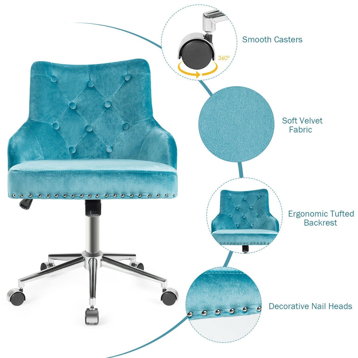 Tufted Upholstered Swivel Computer Desk Chair with Nailed Tri, Turquoise Leisure Chairs   at Gallery Canada