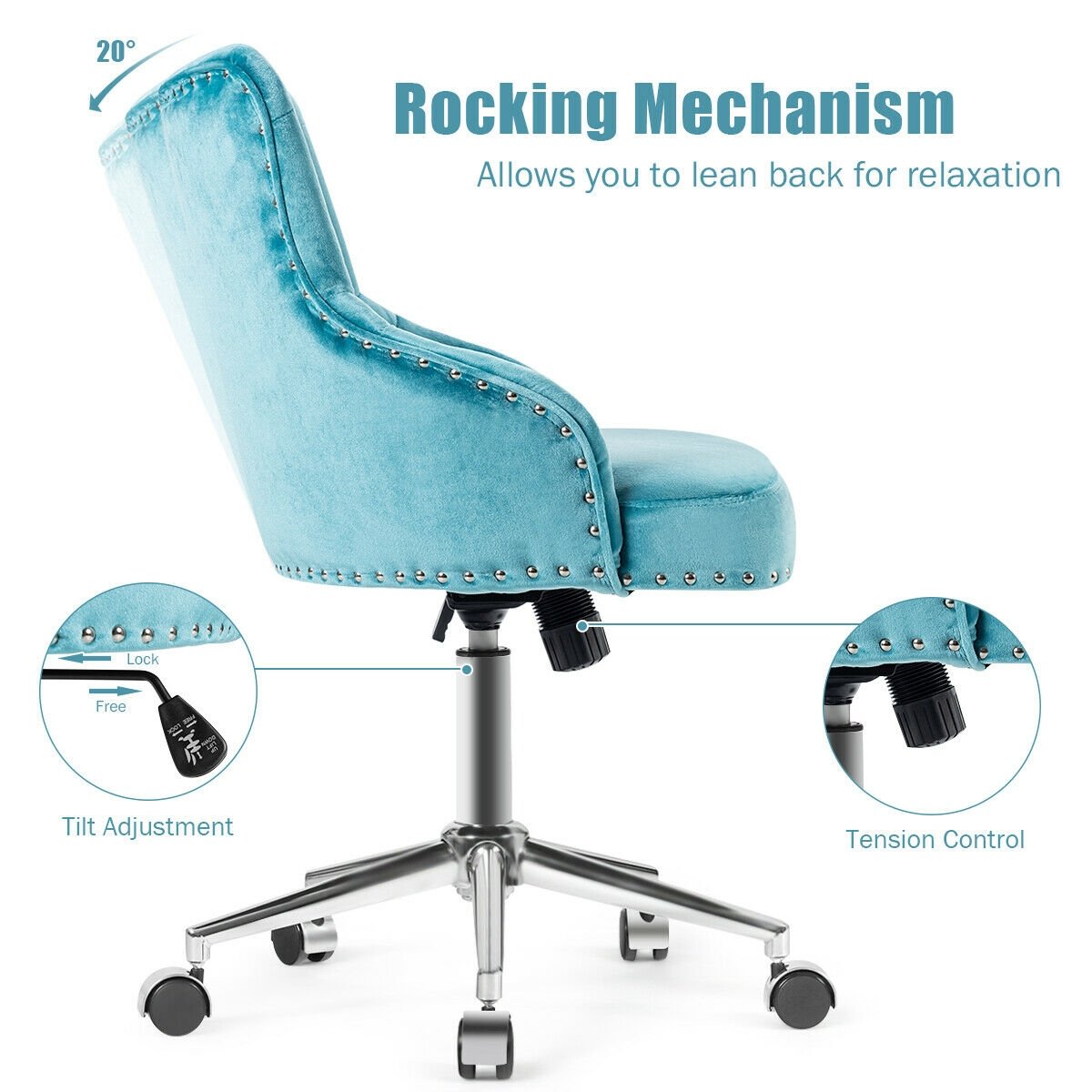 Tufted Upholstered Swivel Computer Desk Chair with Nailed Tri, Turquoise Leisure Chairs   at Gallery Canada