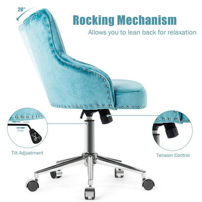 Tufted Upholstered Swivel Computer Desk Chair with Nailed Tri, Turquoise Leisure Chairs   at Gallery Canada