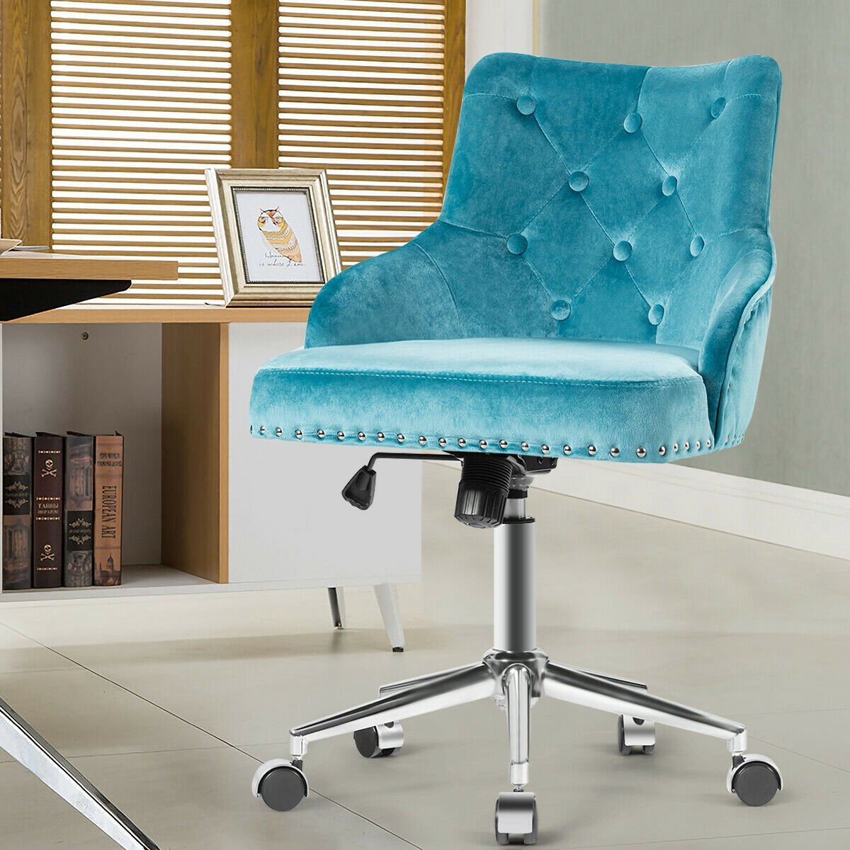 Tufted Upholstered Swivel Computer Desk Chair with Nailed Tri, Turquoise Leisure Chairs   at Gallery Canada