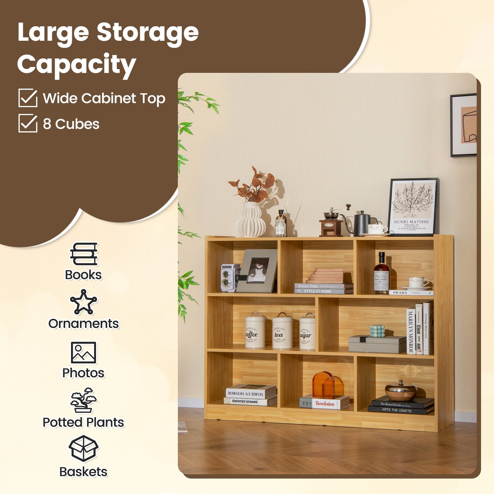 3-Tier Open Bookcase 8-Cube Floor Standing Storage Shelves Display Cabinet, Yellow Bookcases   at Gallery Canada